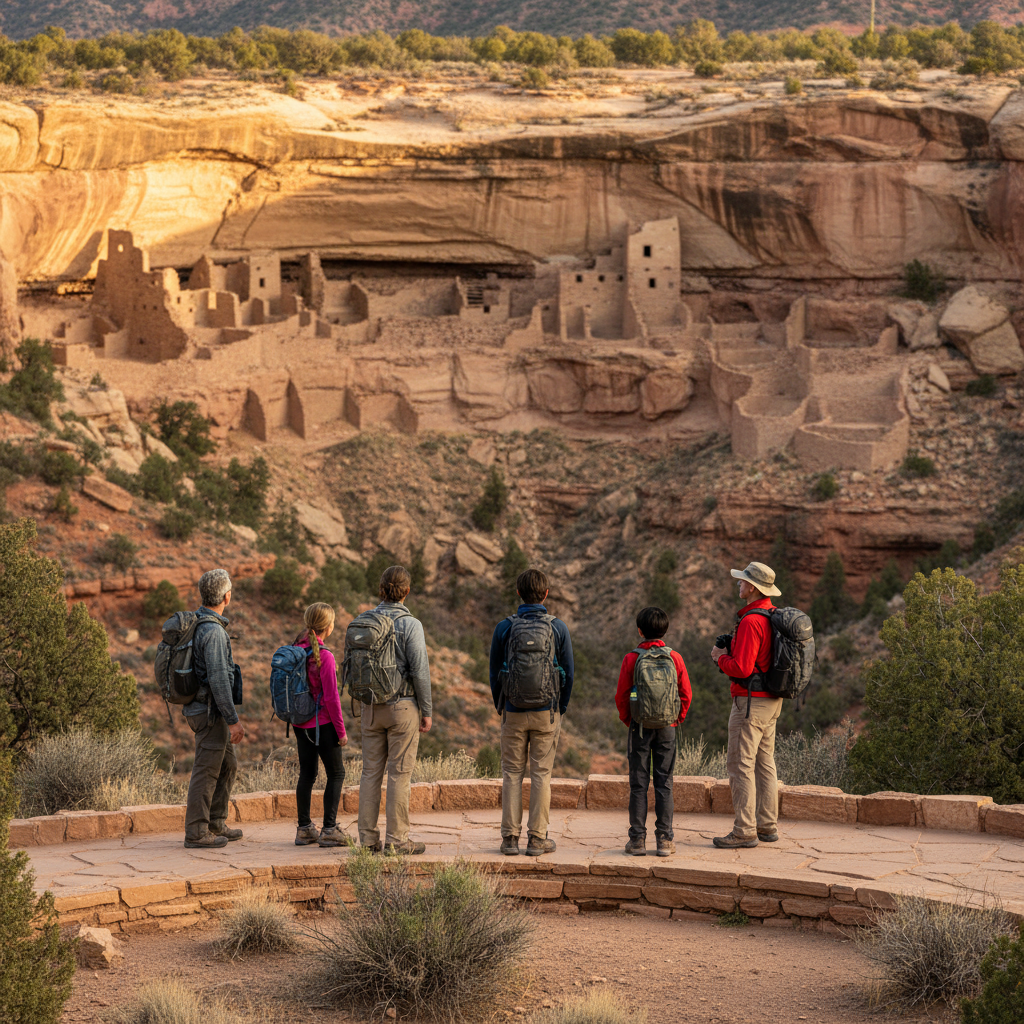 Family and travelers on a Durango-area canyon overlook viewing distant ancestral Puebloan-style stone ruins at sunset