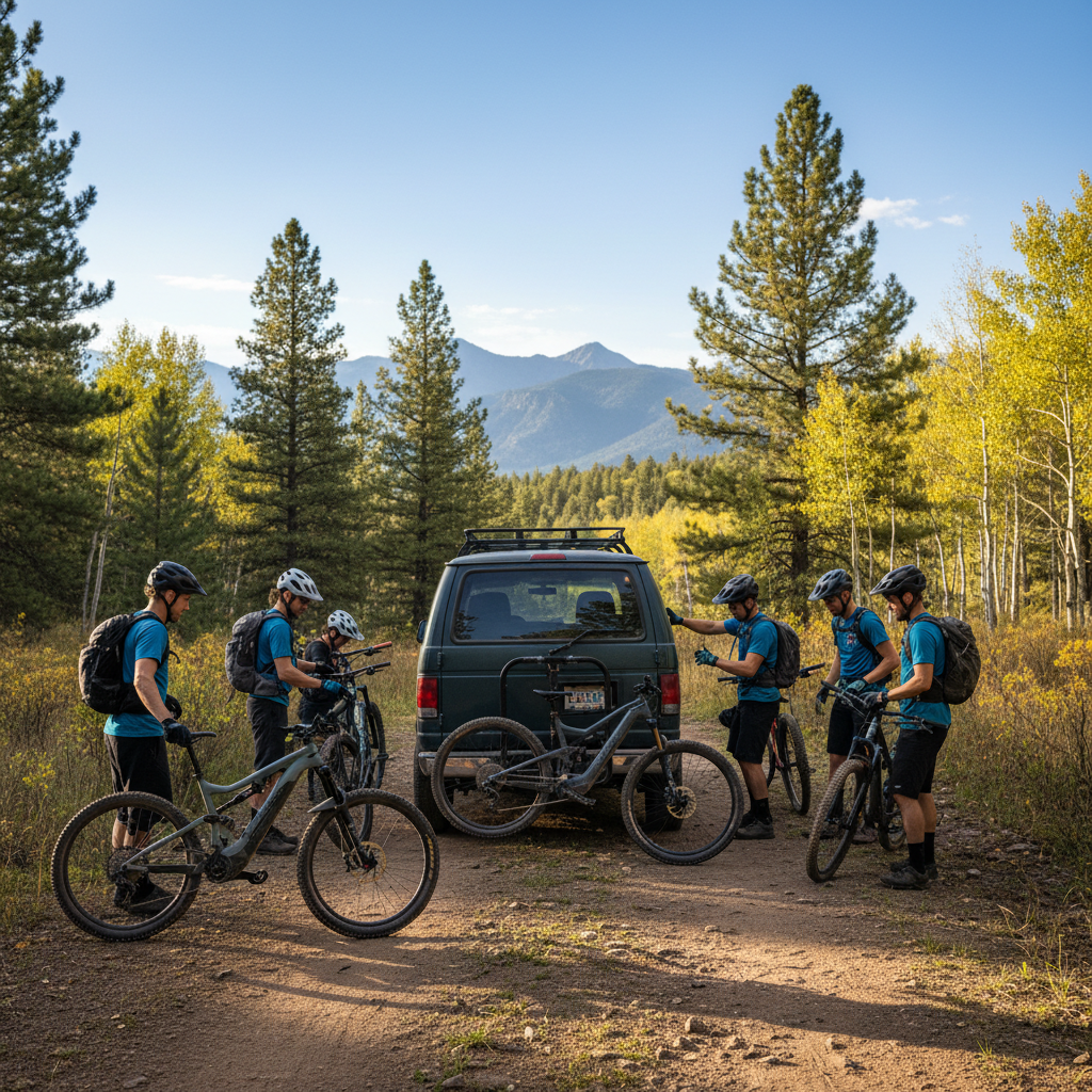 Mountain bikers unload and prepare bikes beside a shuttle van at a forest trailhead near Durango, Colorado, with pine trees and distant peaks under a clear sky.