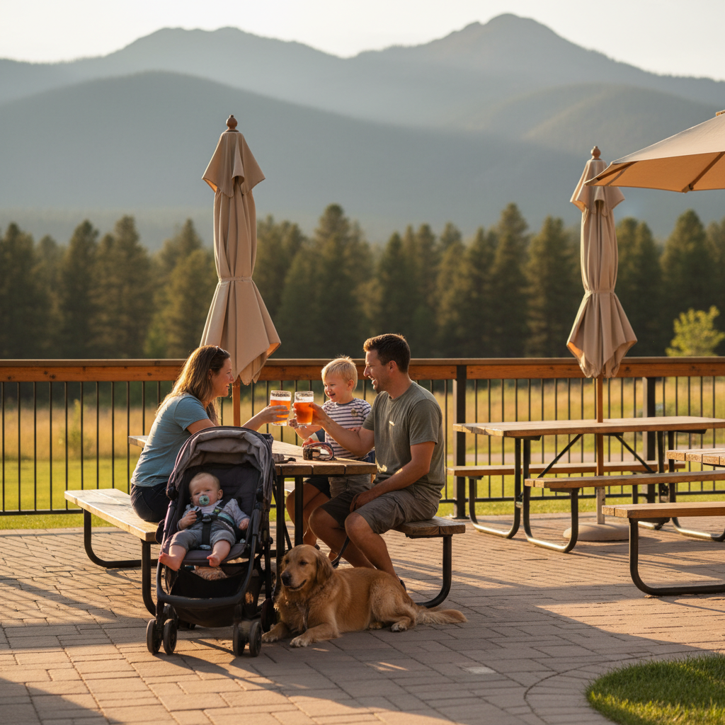 Family with two young kids and a leashed dog relaxes on an outdoor brewery patio in Durango, Colorado, raising pints at a picnic table with mountain views and patio umbrellas in the background.