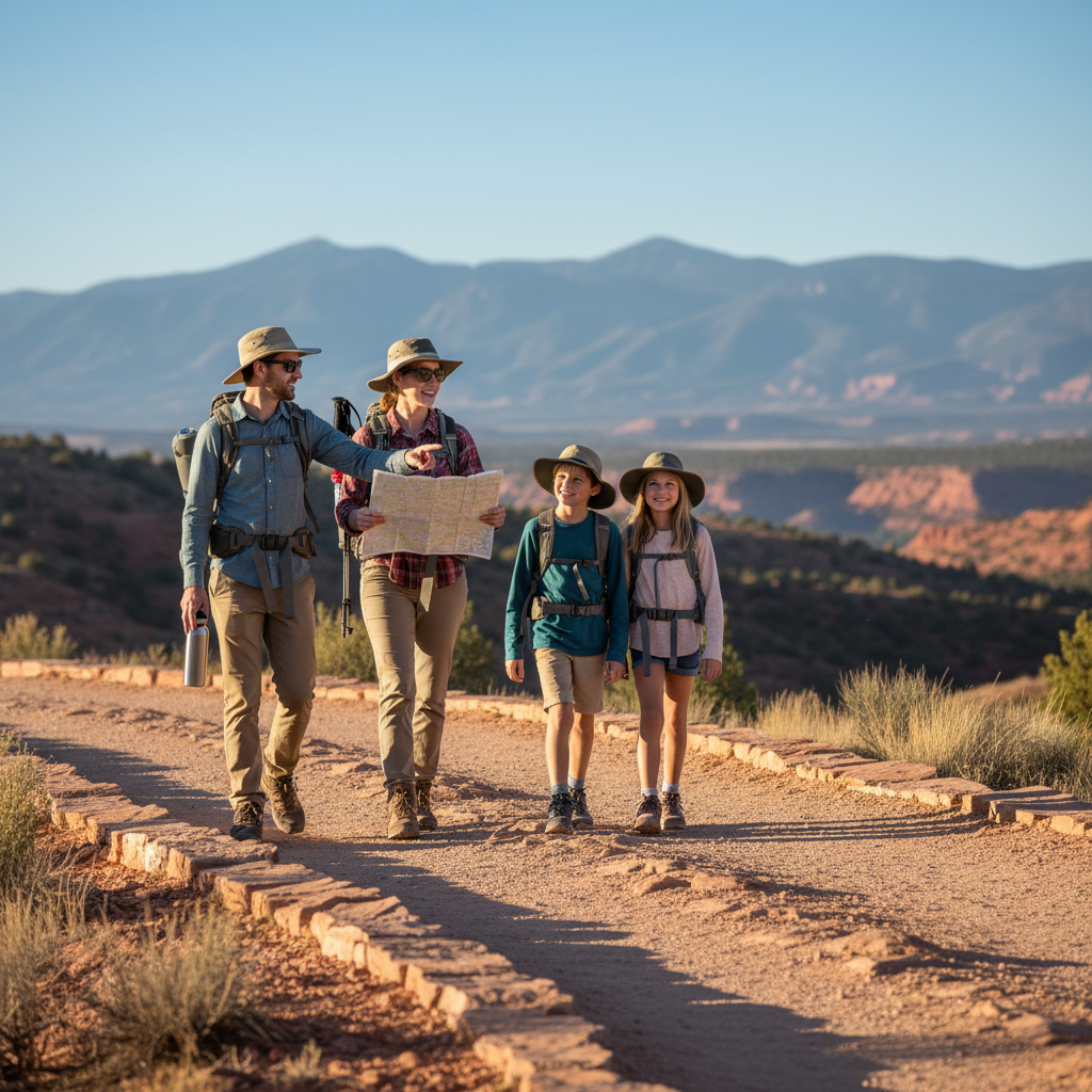 Family hiking on a rocky Southwest Colorado trail near Durango, using sun hats and daypacks while pacing an easy climb