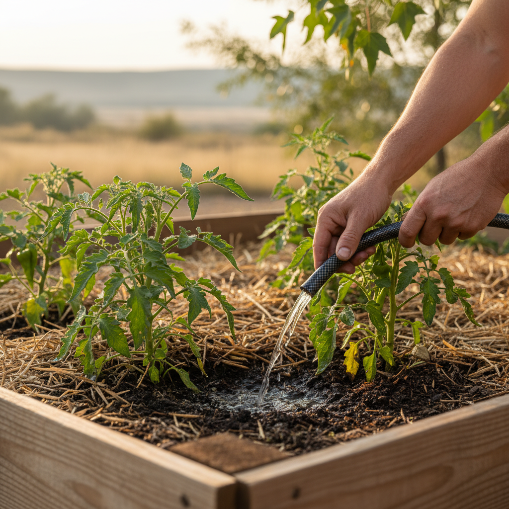 Hands water young tomato plants in a raised garden bed with straw mulch during early morning light in a dry Durango, Colorado setting