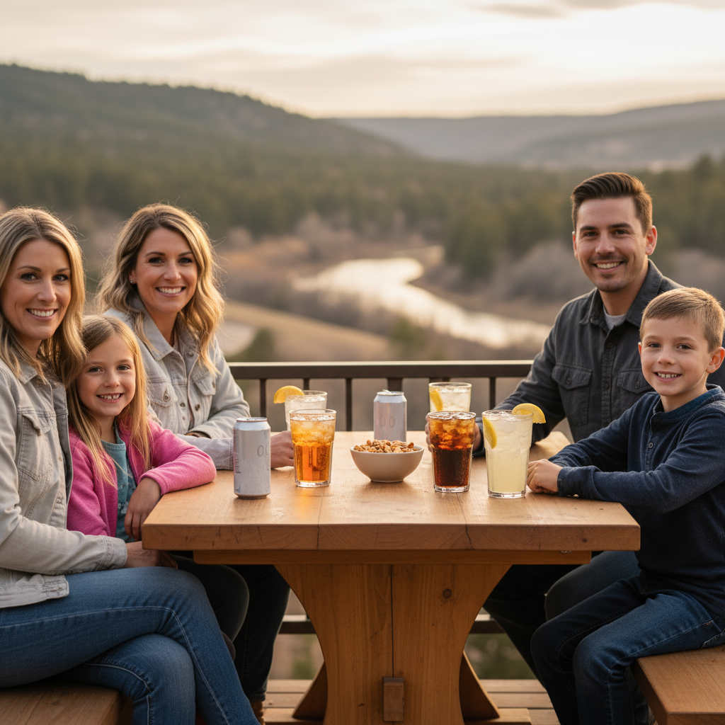Family with two kids sitting at an outdoor patio table near the Animas River in Durango, Colorado, with non-beer drinks like sparkling water, canned seltzer, and house sodas with lemon slices.