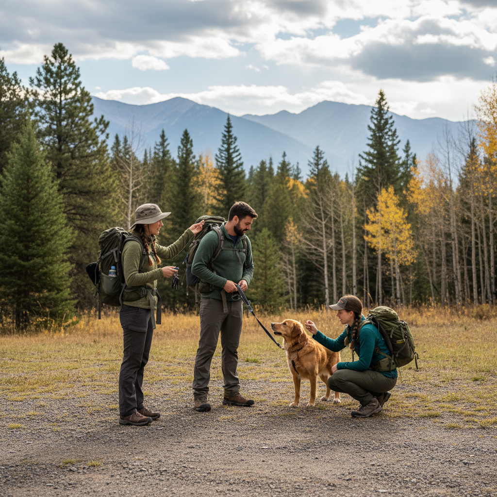 Three hikers with backpacks pause at a gravel trailhead parking area with a leashed dog, pine and aspen forest, and distant mountains near Durango, Colorado.