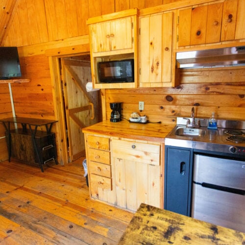 Compact cabin kitchen with wood paneling, small sink, stove, mini fridge, microwave, coffee maker, and wall-mounted TV.
