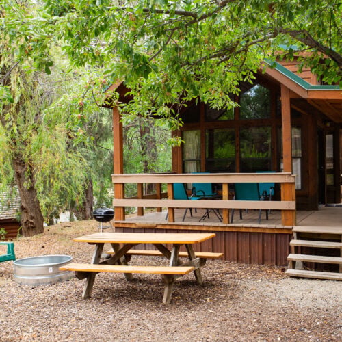 A wooden cabin with a covered porch sits among trees, featuring a picnic table, fire pit, and green chair on the dirt ground in front.