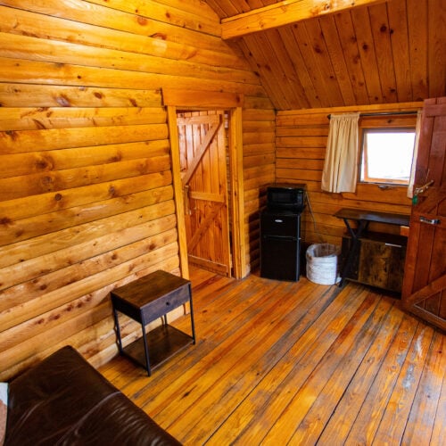 Interior of a wooden cabin with a brown leather couch, small table, mini fridge, microwave, wastebasket, and open door letting in light.