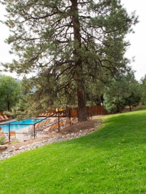 A fenced outdoor pool with lounge chairs is surrounded by trees, with a grassy area and playground featuring slides on the right.