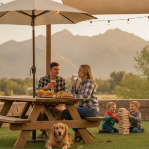 Parents enjoy drinks and pub food at a shaded picnic table on a beer garden patio while two kids play a lawn game nearby and a dog rests on the grass, with mountains in the background at sunset.