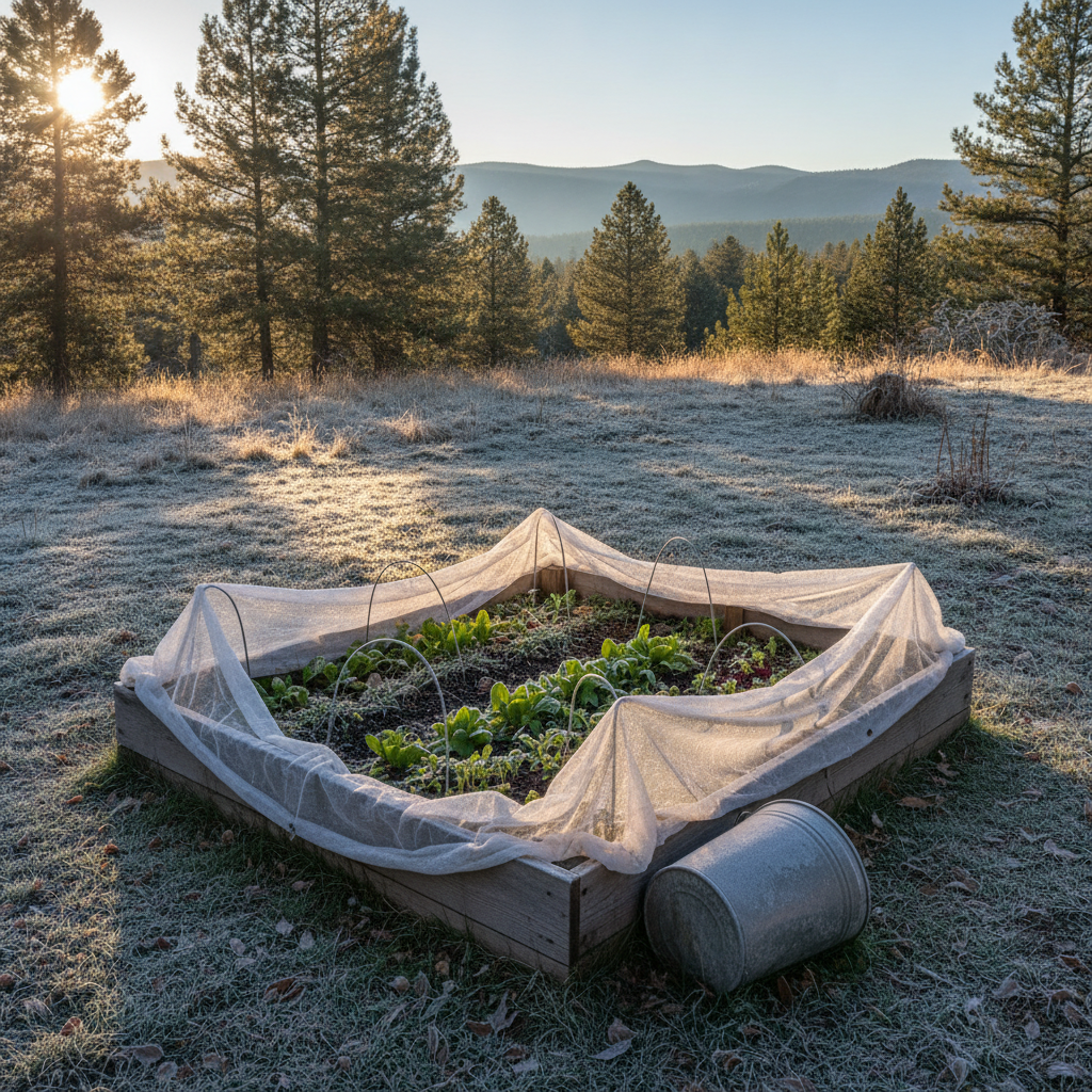 Frost-covered raised garden bed near Durango, Colorado, with leafy greens under a floating row cover at sunrise and a bucket ready for cold-night protection
