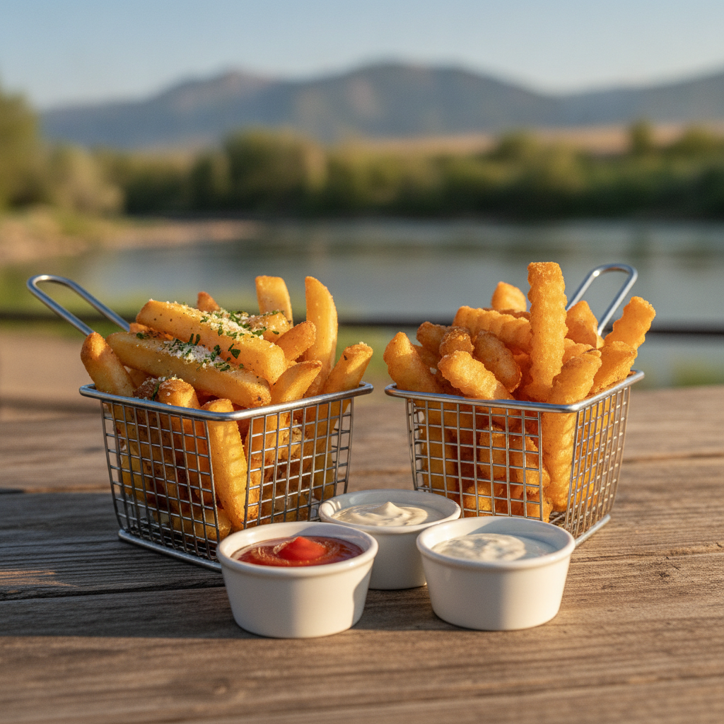 Two baskets of hand-cut and battered French fries with dipping sauces on a wooden table beside a river in Durango, Colorado, with mountains in the background.