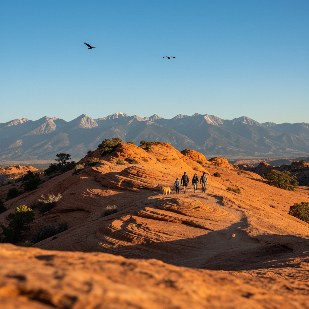 Family hikers with a dog walk along a sunlit sandstone rim trail near Durango, Colorado, with two hawks soaring above and mountain views in the distance.
