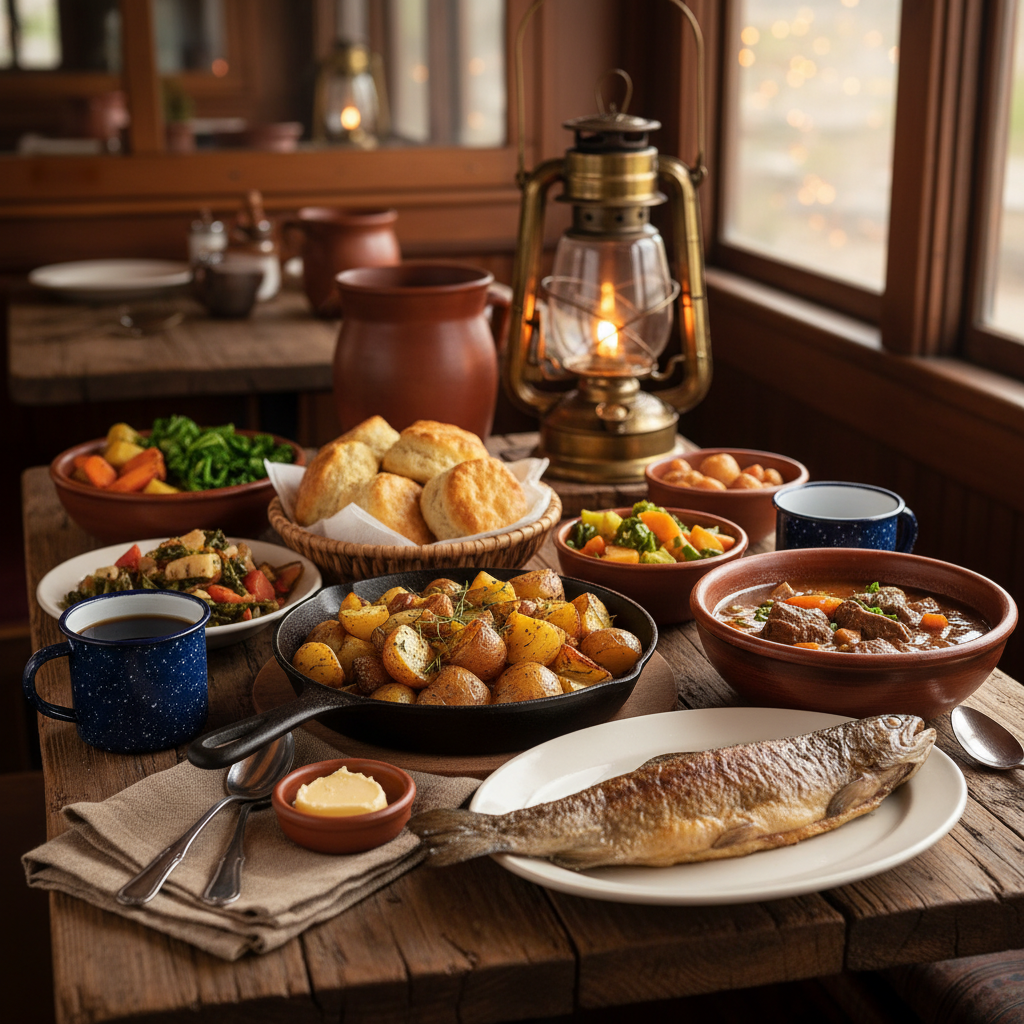 Historic railroad dining car table set with coffee, bread, and pie, evoking Durango–Silverton era train meals