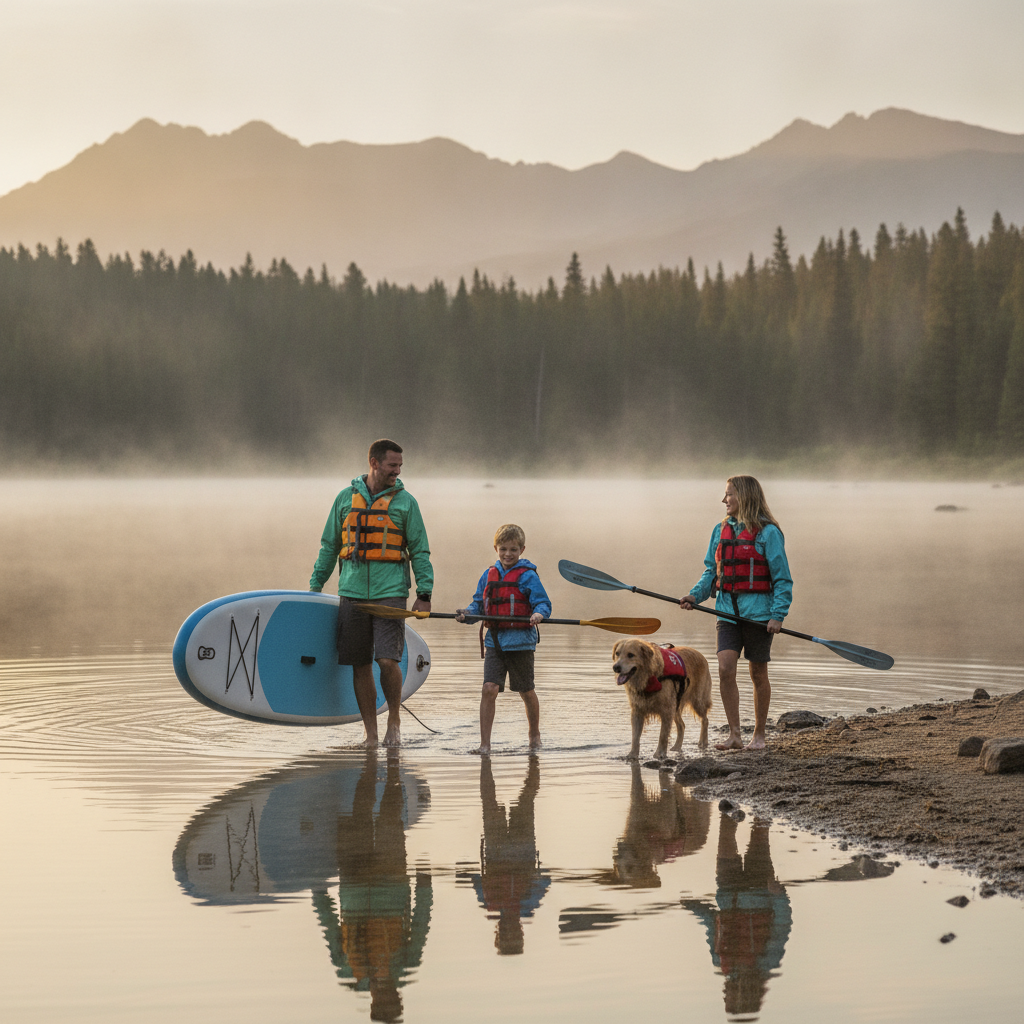 Family in life jackets walks a misty lakeshore at sunrise near Durango, Colorado, carrying a stand-up paddleboard and kayak paddles with their dog on calm water.