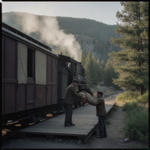 Canvas mail sacks being loaded through a wide sliding door of a narrow-gauge railcar at the Durango depot on the Durango & Silverton Narrow Gauge Railroad