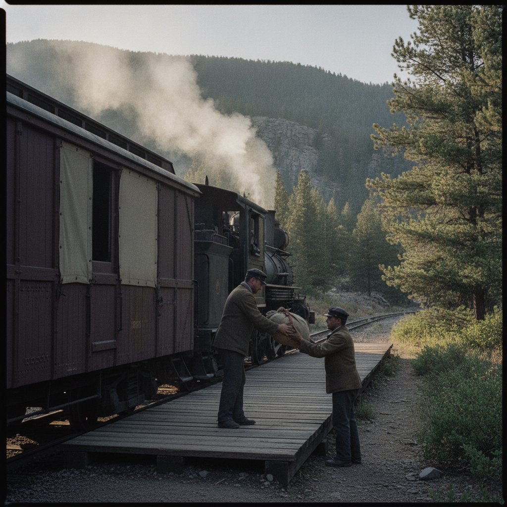 Canvas mail sacks being loaded through a wide sliding door of a narrow-gauge railcar at the Durango depot on the Durango & Silverton Narrow Gauge Railroad
