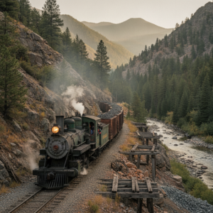Close-up view of narrow gauge train rails on the Durango station platform, showing the 3-foot track spacing used by the Durango & Silverton line