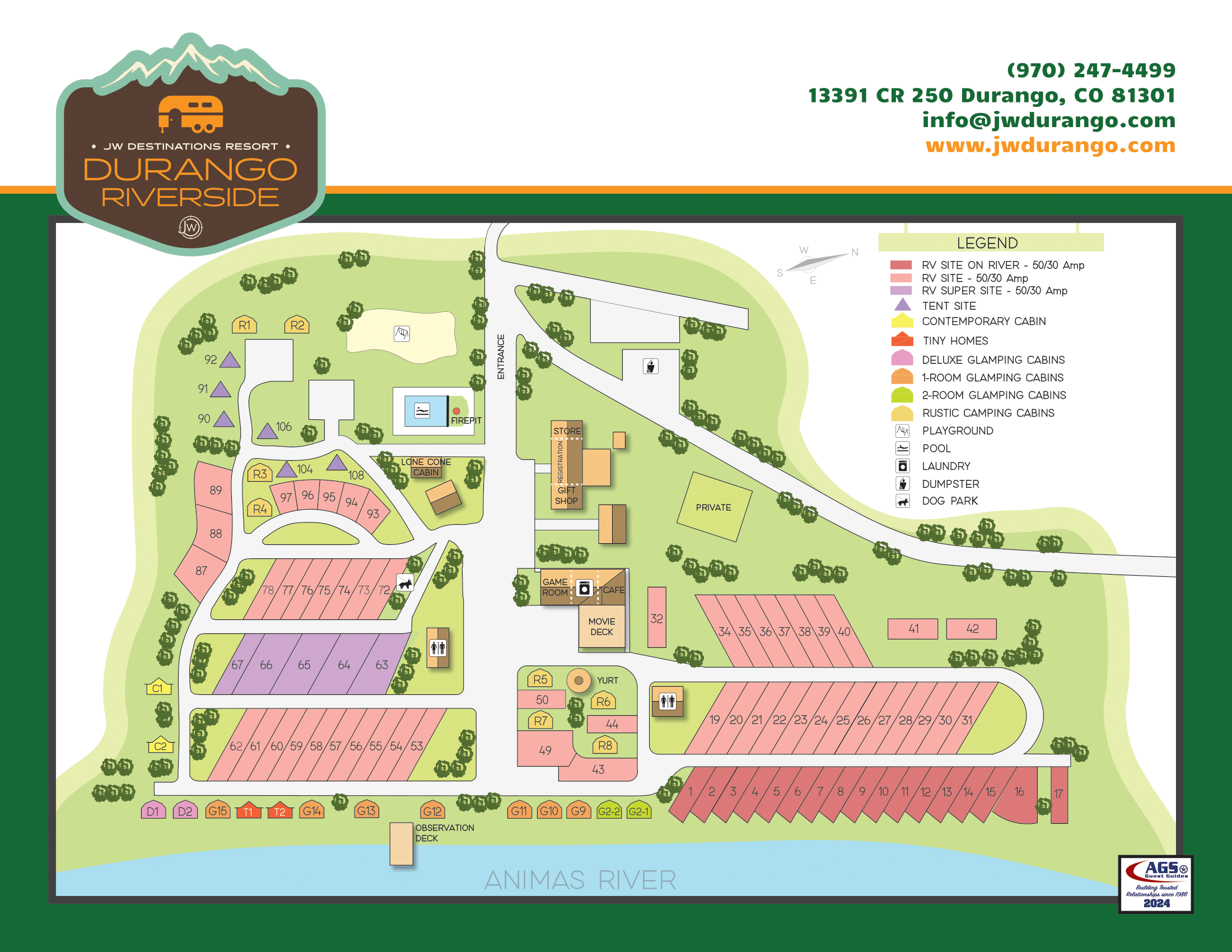 Illustrated map of Durango Riverside camping resort showing cabins, RV sites, tent sites, amenities, roads, and Animas River with labeled legend and contact information at the top.
