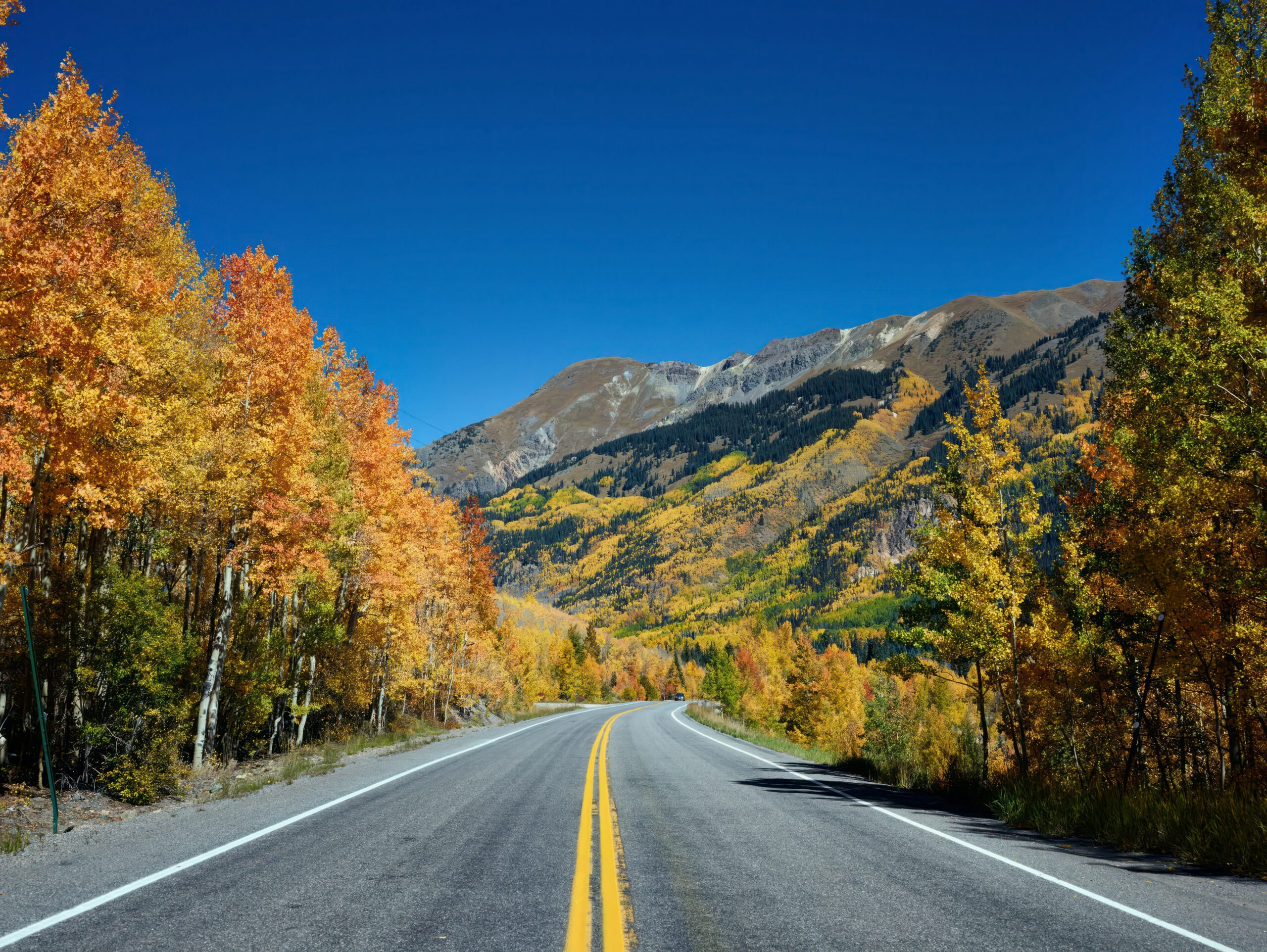 Paved two-lane road curves through autumn trees with yellow and orange leaves, set against mountains under a clear blue sky.