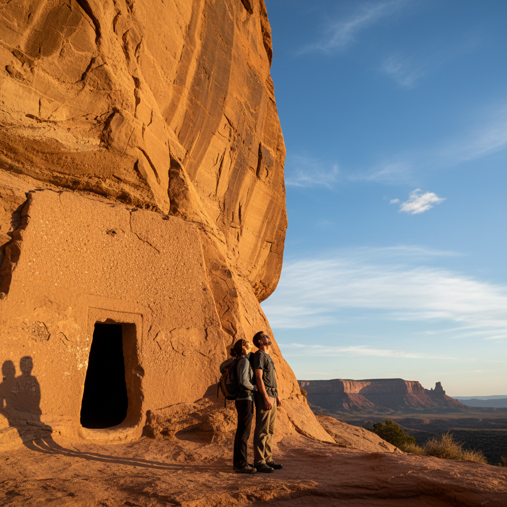 Two people stand near a rectangular doorway carved into a large red rock cliff, with distant mesas and a blue sky in the background.