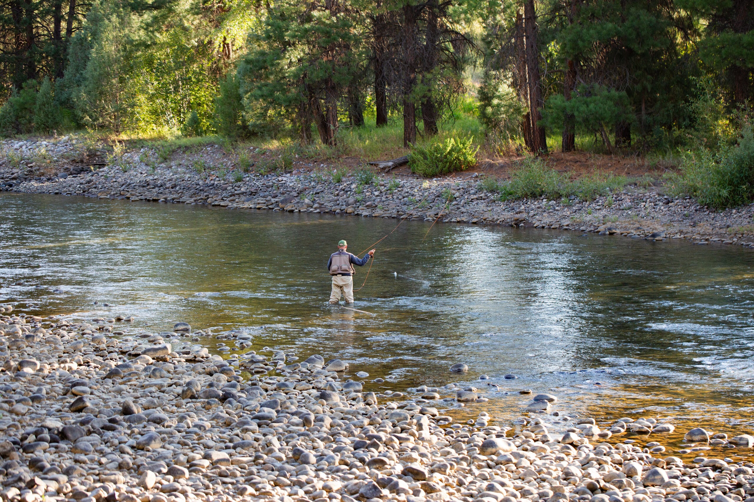 Person fly fishing while standing in a shallow river, surrounded by trees and a rocky shore under natural daylight.